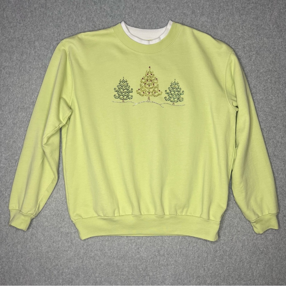 Decorated OCrewneck Sweatshirt Rhinestone Christmas Trees Light Green Size Large